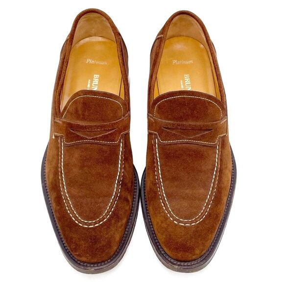 Bruno Magli Cipro Brown Suede Penny Loafers Mens Sz 7.5 Italy Classic Dress Shoe